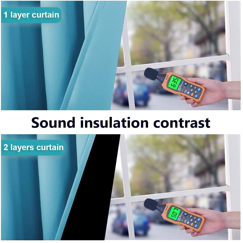 Sound insulation contrast: Double layer blue thermal blackout curtains show 50.7dB, significantly less than 63.5dB with single layer.