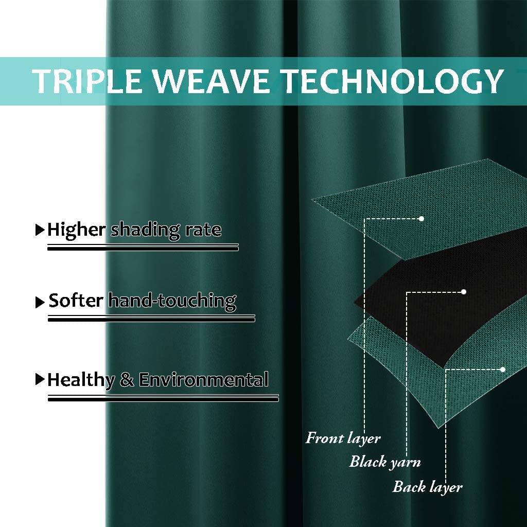 Triple weave technology diagram for blackout curtains, detailing front, black yarn, and back layers for thermal insulation & high shading.