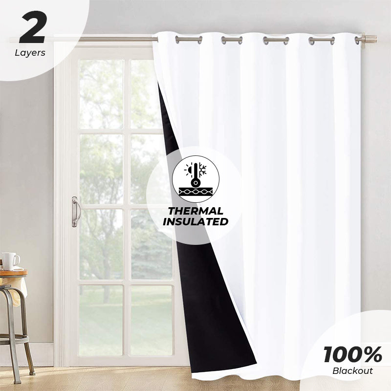 White double layer thermal insulated blackout curtain with silver grommets, showing its black backing for 100% room darkening and privacy.