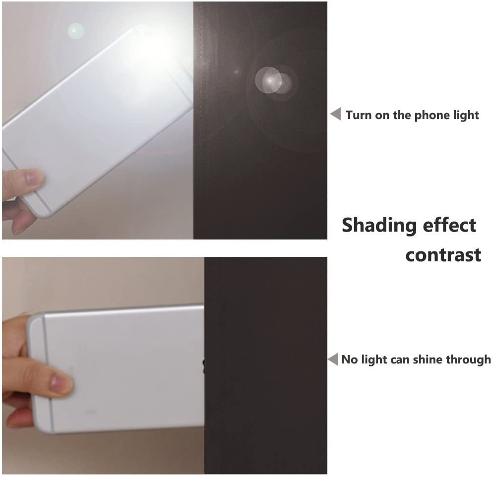 Phone flashlight comparison: dim light visible through material vs. complete light blockage by double layer thermal insulated blackout curtain.