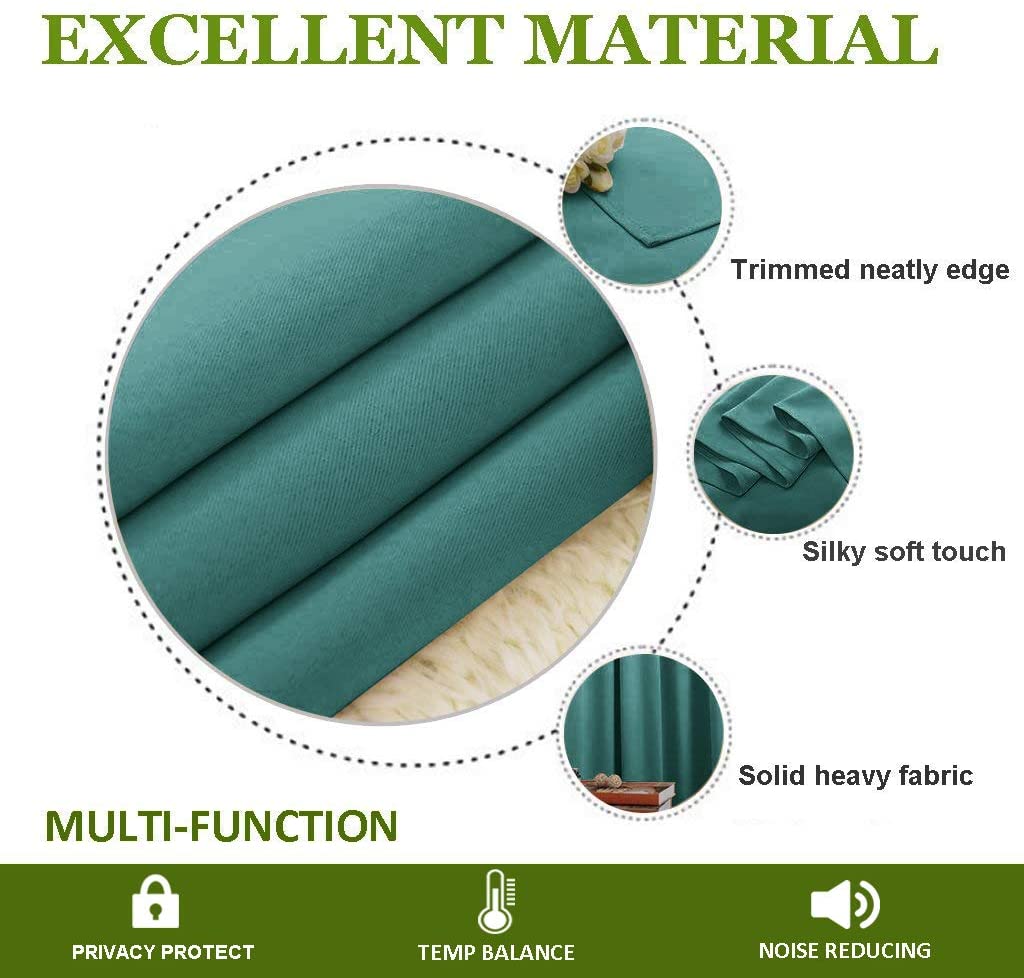 Teal thermal insulated blackout curtain fabric: heavy, silky, neat edges. For privacy, temp balance & noise reduction.