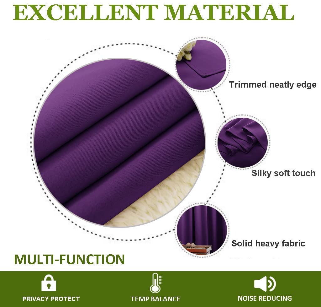 Close-up of deep purple double-layer thermal insulated blackout curtain fabric, showing silky soft texture, neat edge, and heavy drape.