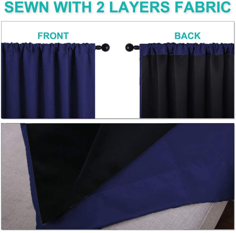 Double layer rod pocket blackout curtain showing navy blue front and black back lining. Close-up highlights the thick, 100% blackout fabric.