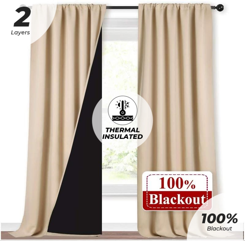 Beige double layer rod pocket curtains, thermal insulated, showing black interior for 100% blackout & privacy.