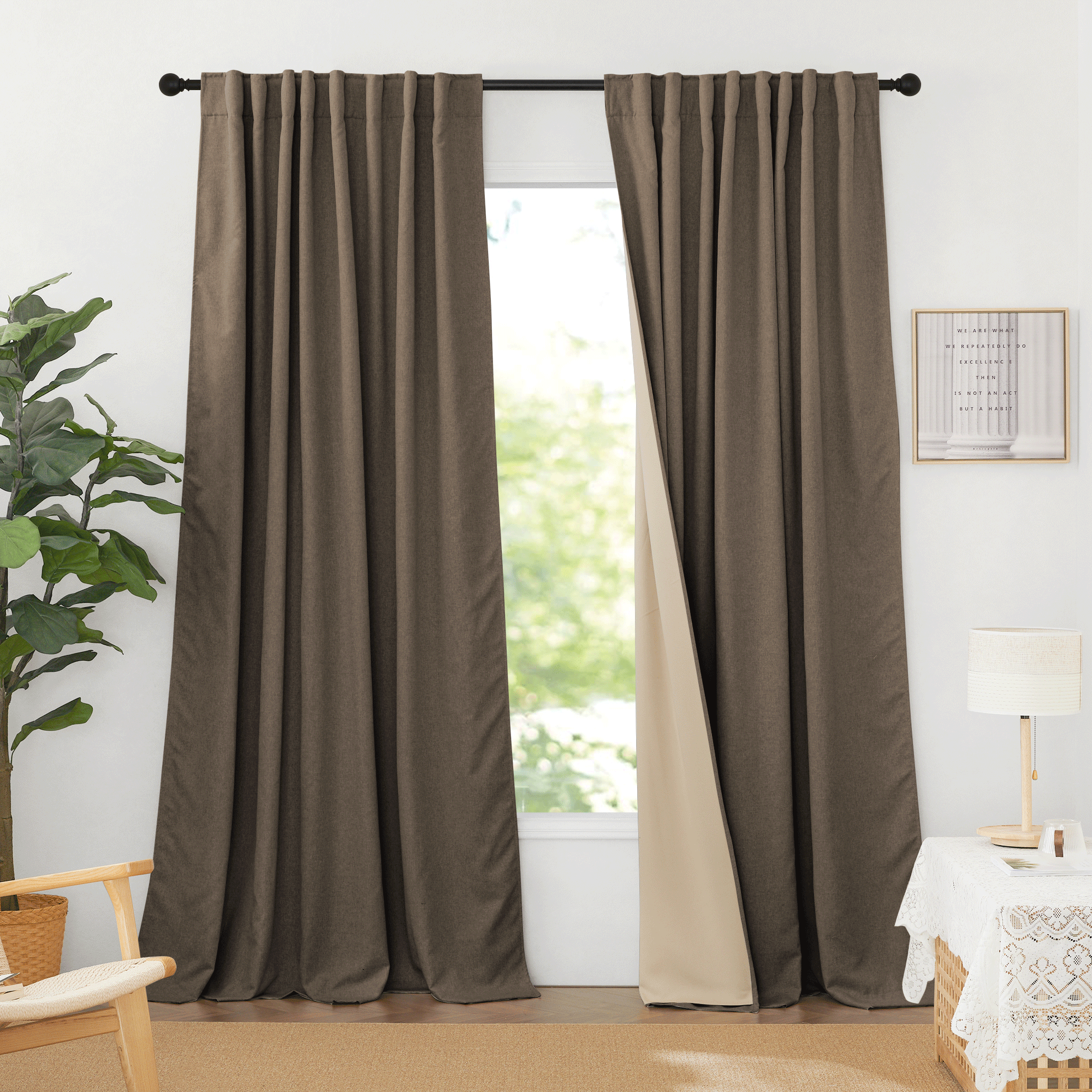 Brown double layer blackout thermal insulated living room curtains with rod pocket & back tab headers, revealing cream lining.