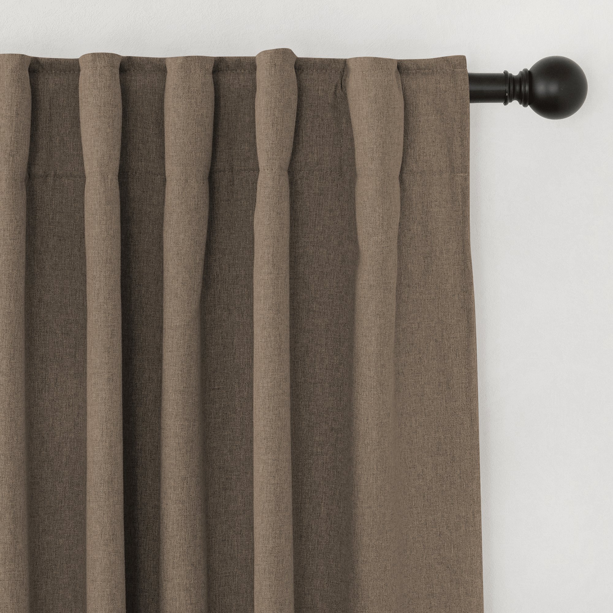 Textured bronze double layer 100% blackout thermal insulated curtain, showing rod pocket & back tab heading on a dark rod.