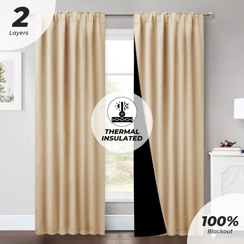 Beige double-layer thermal insulated blackout curtains (2 panels) with rod pocket & back tab for living room privacy.