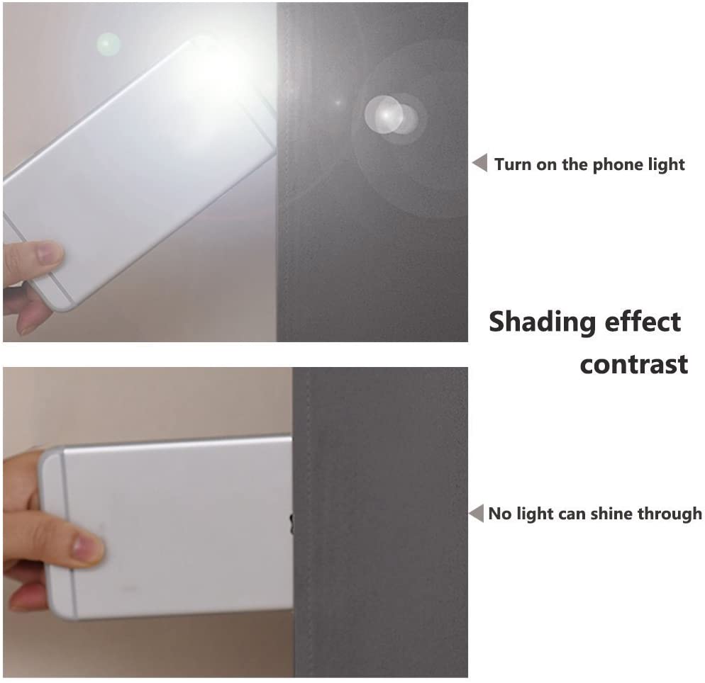 Double layer living room curtains shown blocking phone light completely, highlighting the superior blackout and room darkening effect.