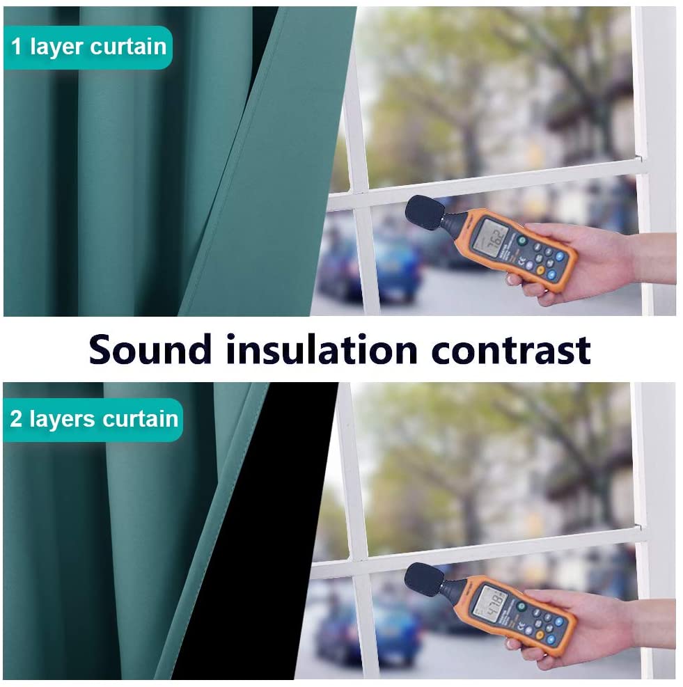 Sound insulation test showing single layer teal curtain at 76.2 dB and double layer noise reducing curtain at 47.8 dB.