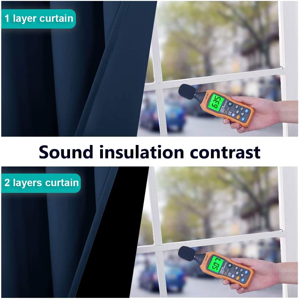 Comparison showing noise reduction: 1-layer curtain at 63.5 dB vs. 2-layer noise reducing curtain at 50.7 dB near a window.