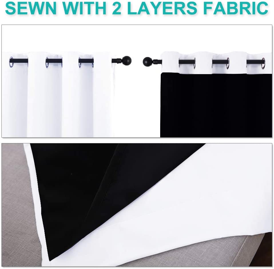 White and black double layer noise reducing living room curtains with silver grommets; detail of two fabric layers.