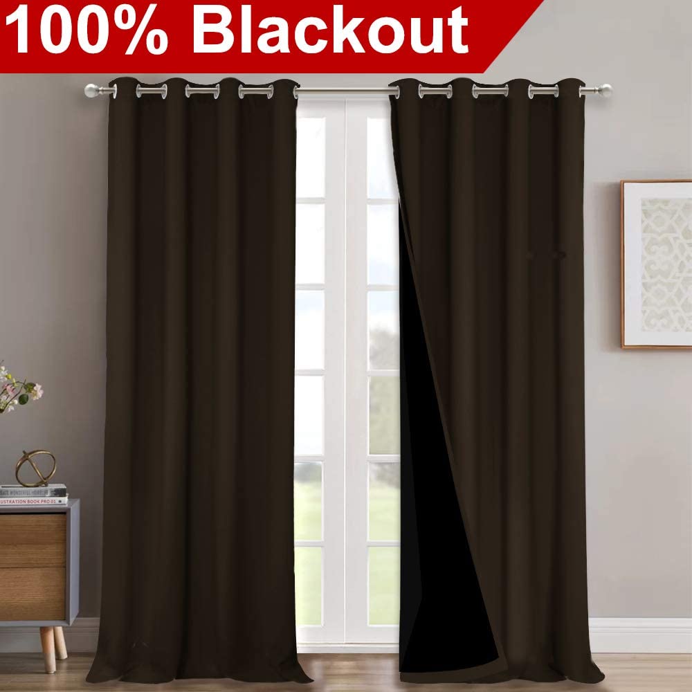 Double-layer dark brown blackout curtains with silver grommets for living room. One panel reveals the noise-reducing fabric.