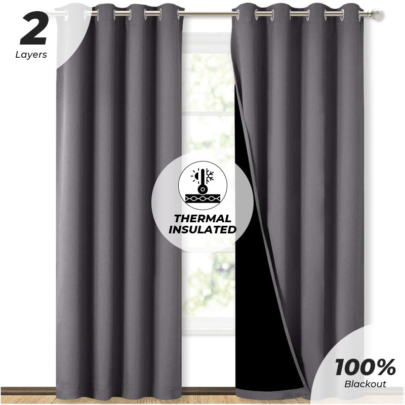 Double layer gray blackout curtains with silver grommets, revealing thermal insulation for 100% room darkening in living room.