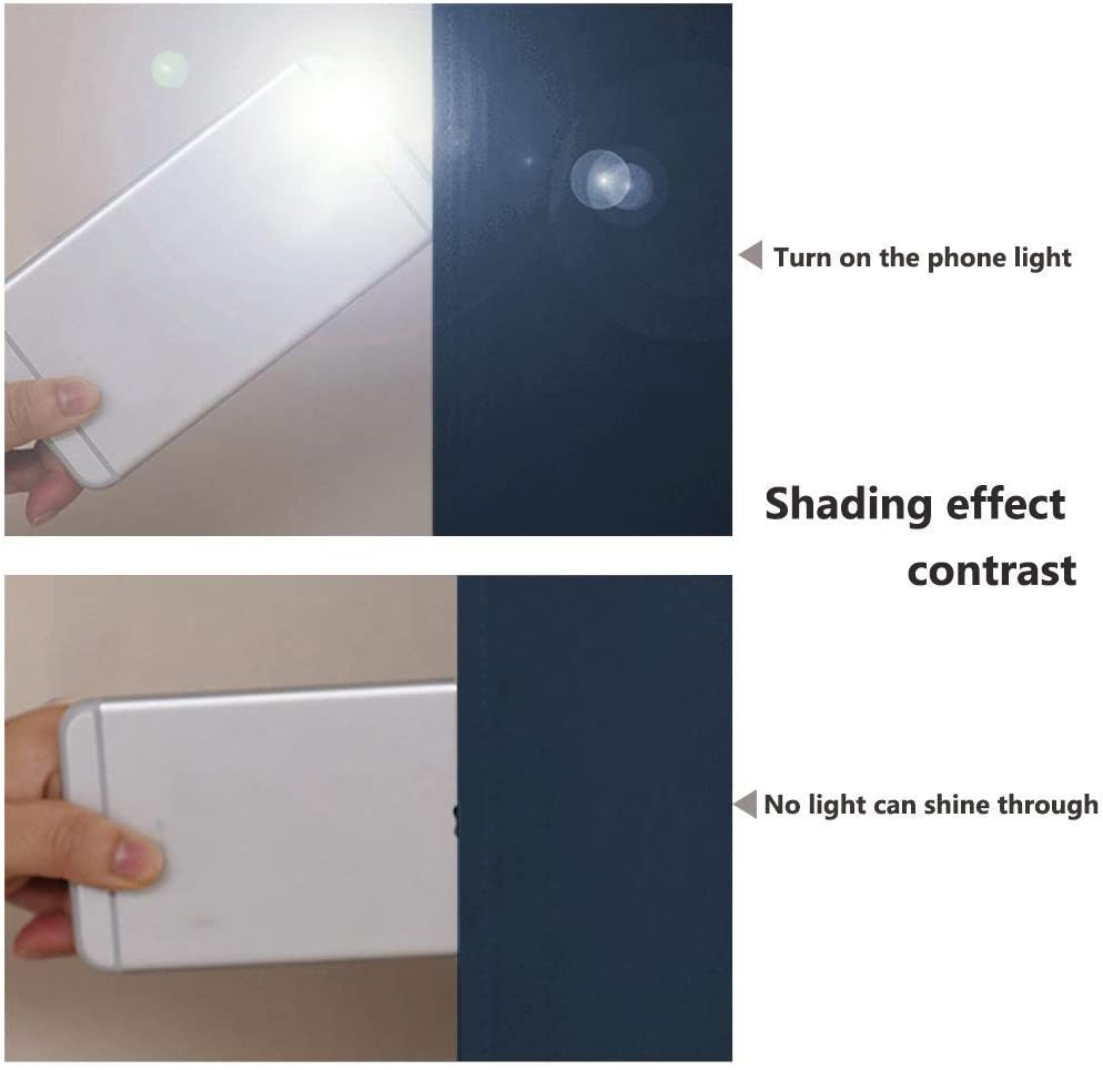 Shading effect contrast of double layer noise reducing curtains using a phone light, showing full blackout.