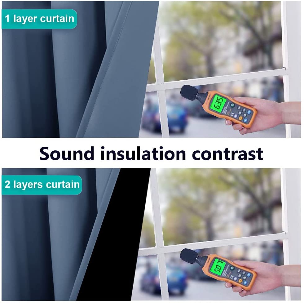 Sound insulation contrast: 1 layer curtain showing 63.5 dB, double layer noise reducing curtains showing 50.7 dB, ideal for living rooms.