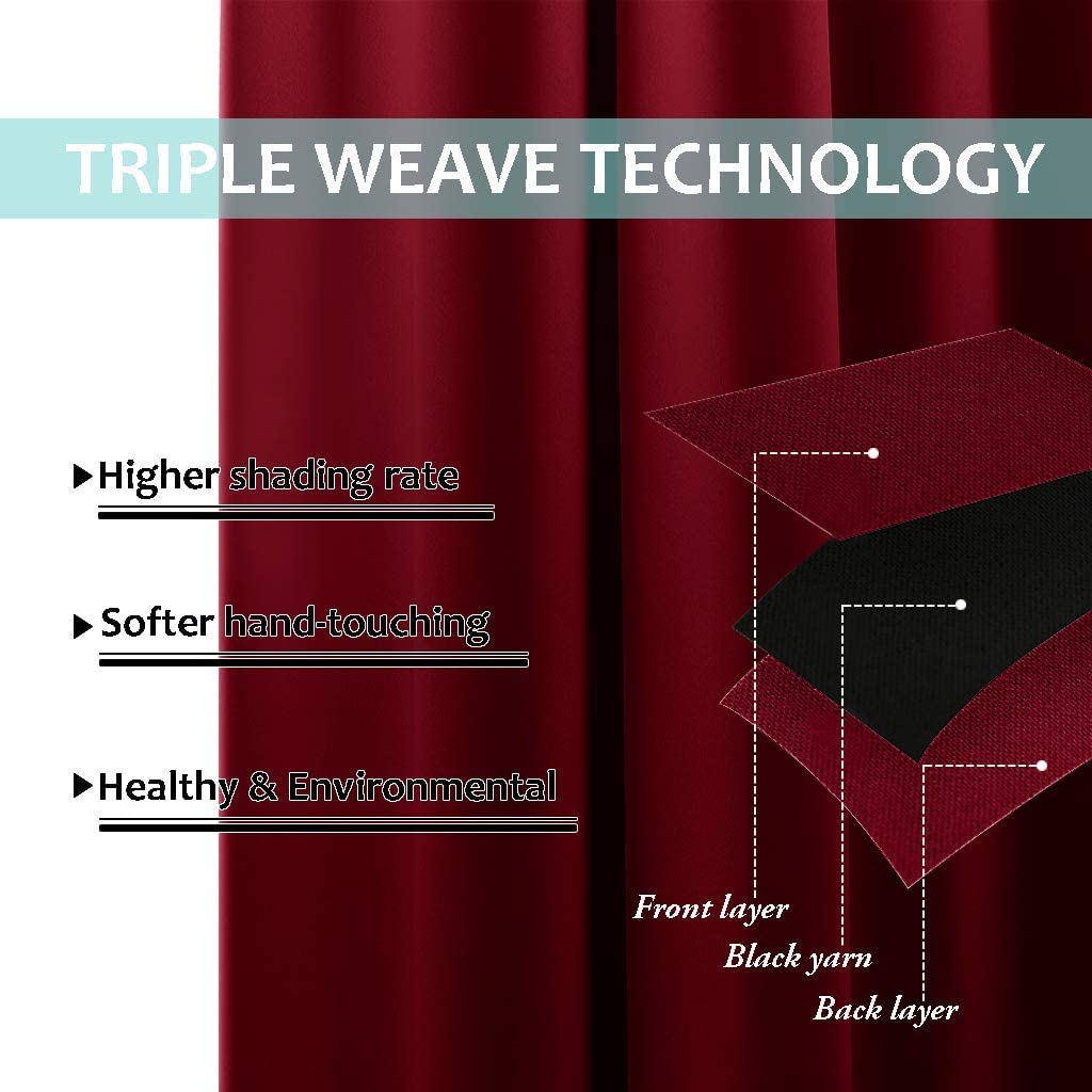 Triple weave technology diagram for dark red noise reducing curtains: front, black yarn core, and back layers, offering higher shading & softness.
