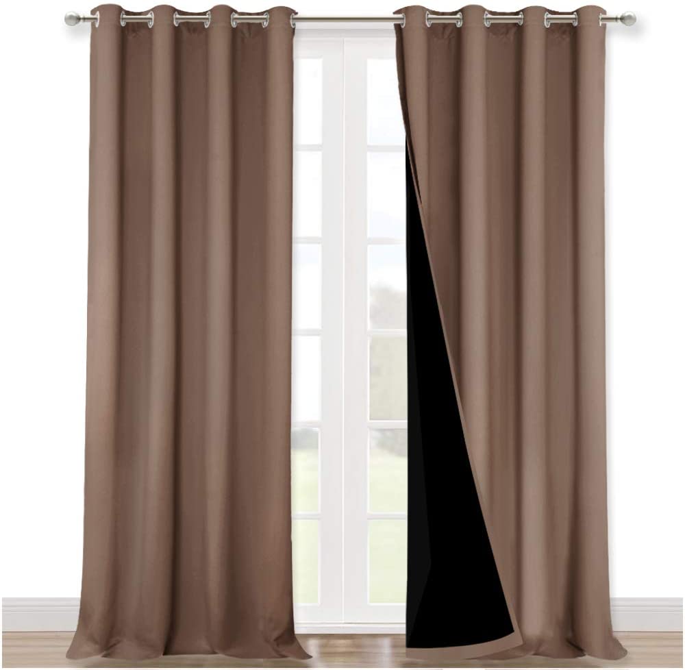 Two brown double layer noise reducing curtains with silver grommets. Right panel shows black blackout lining for living room.