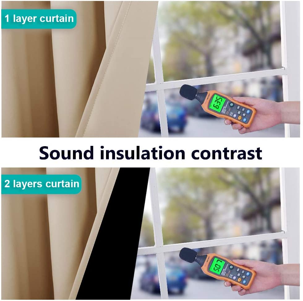 Sound insulation test of noise reducing living room curtains. Single layer: 63.5dB. Double layer silver grommet curtains: 50.7dB.