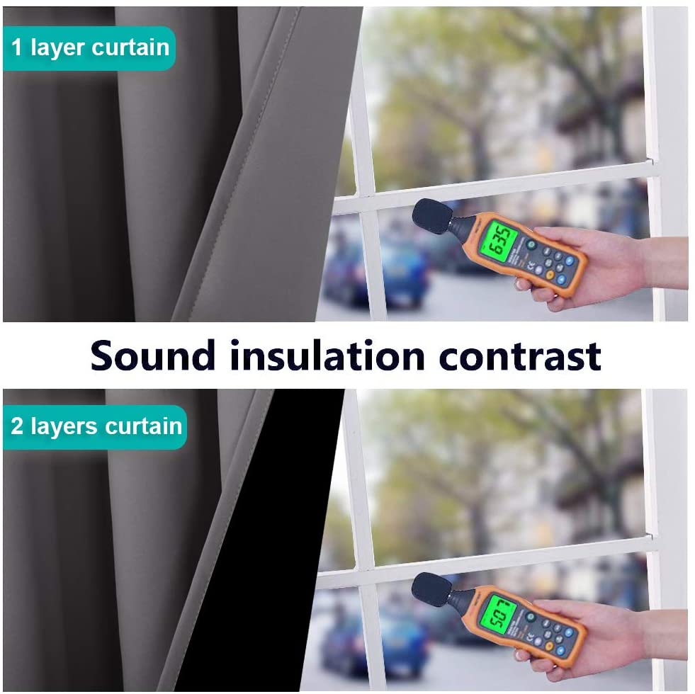 Visual sound insulation contrast: single vs. double layer noise reducing curtains, showing sound meter readings of 63.5 & 50.7 for quiet living room.