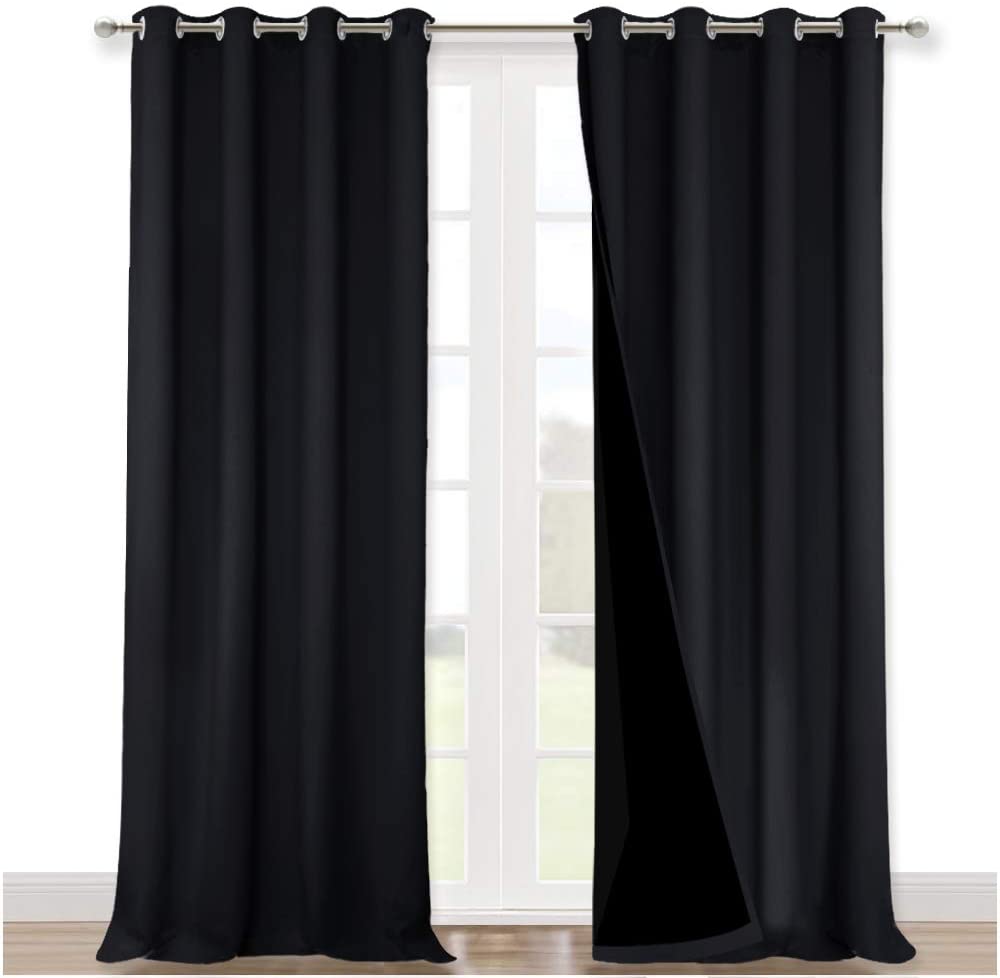 Black double layer noise reducing curtains for living room with silver grommets, 2 panels hanging on a rod