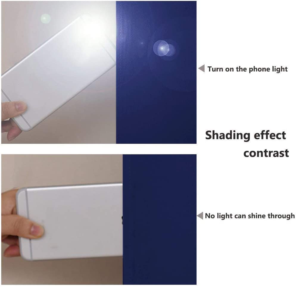 Light blocking demonstration: Phone flashlight on double layer navy noise reducing living room curtains shows no light penetration.