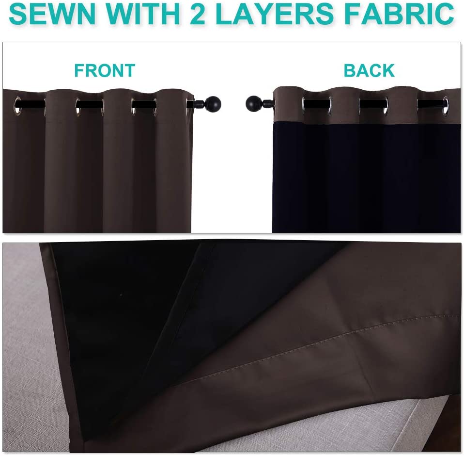 Double layer brown and dark noise reducing grommet curtain panels, showcasing thick fabric construction.