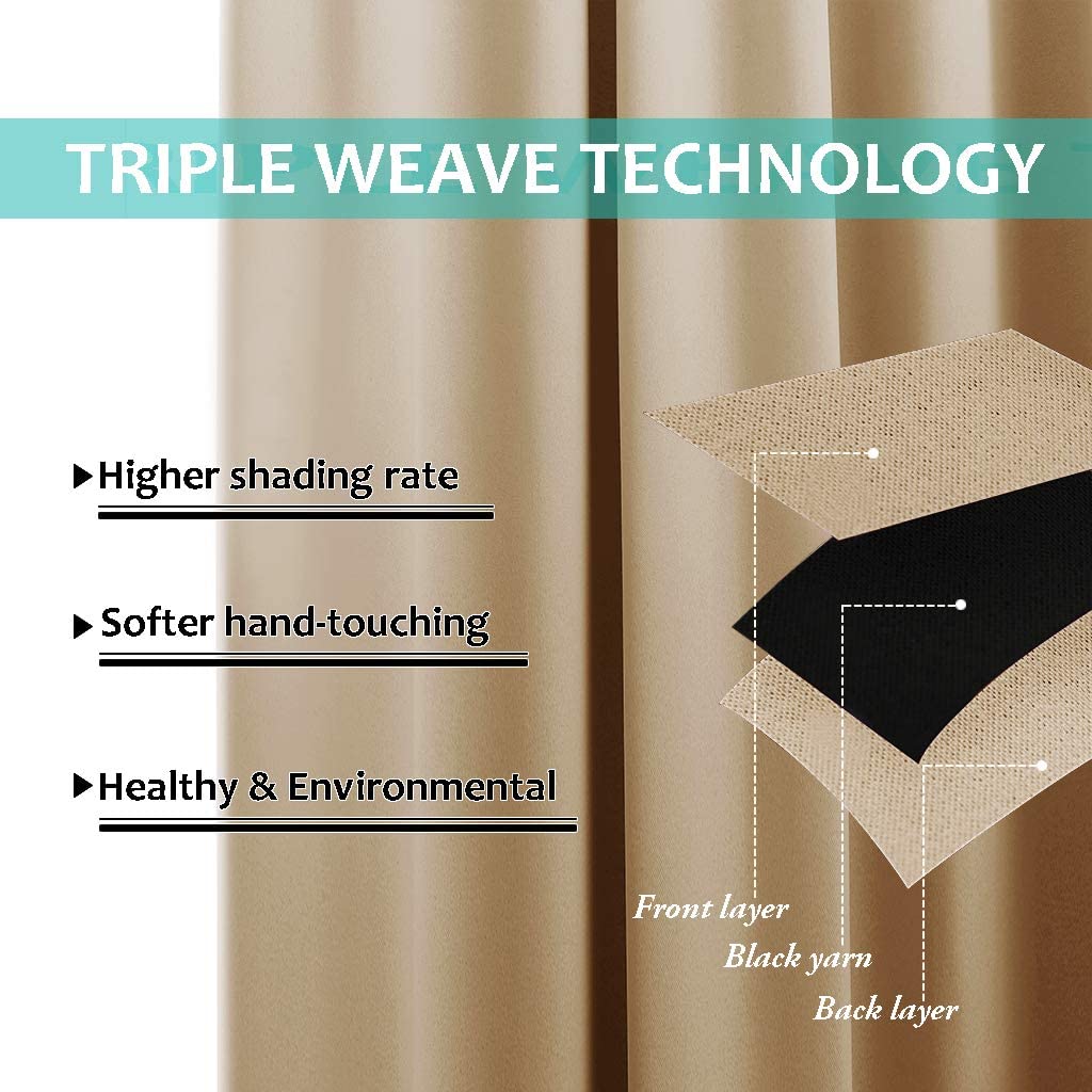 Triple weave technology diagram showing front layer, black yarn, and back layer for noise reducing, blackout curtains with high shading rate.