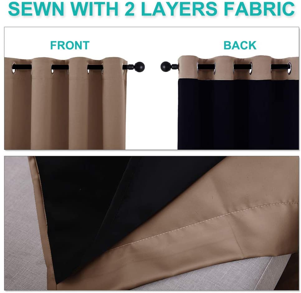 Beige double layer noise reducing living room curtain with black thermal lining and silver grommets. Front, back, and fabric close-up views.
