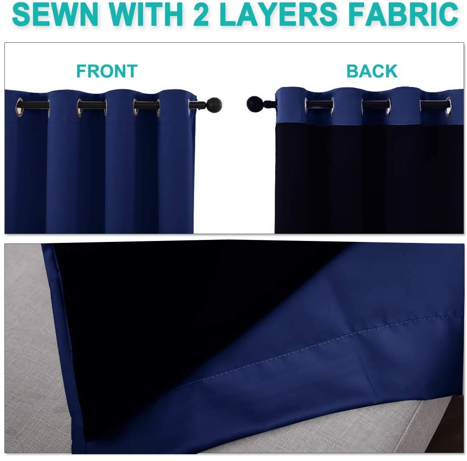 Navy blue double layer living room curtains with silver grommets, showing front, dark insulated back, and thick fabric for noise reduction.