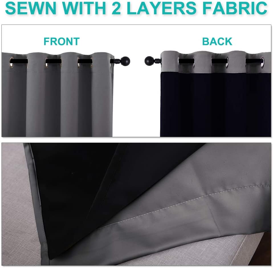 Double layer noise reducing curtains for living room, showing gray front fabric, dark blackout lining, and silver grommets.