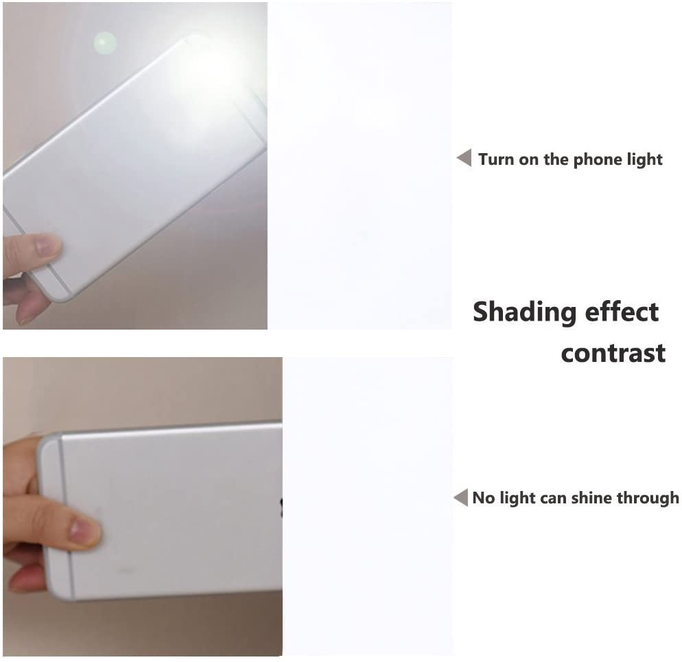 Living room double layer noise reducing curtain light blocking demonstration: phone light shines through vs. completely blocked.
