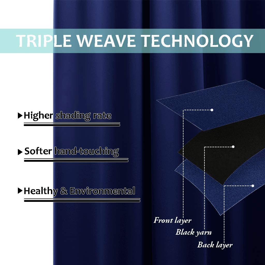 Triple weave technology layers of navy noise reducing curtains: front, black yarn, back, for superior light shading & sound insulation.