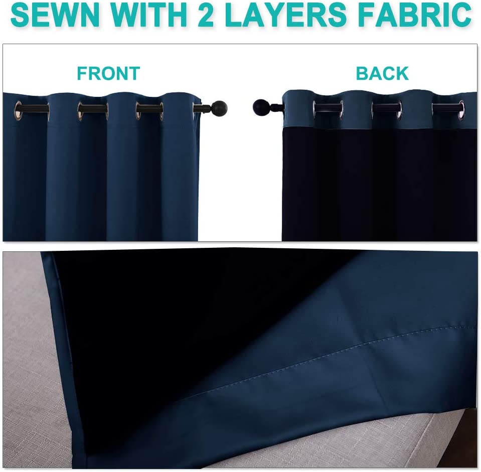Dark blue double layer noise reducing living room curtain with black lining and silver grommets, showing both fabric sides.