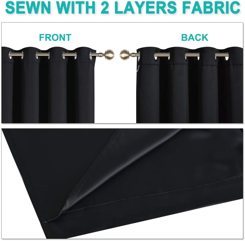 Black double layer noise-reducing curtain showcasing two fabric layers with silver grommets on a rod.