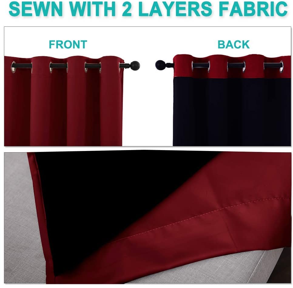 Double layer burgundy red and black grommet curtains. Front, back, and detailed view showcasing thick, noise-reducing fabric construction.