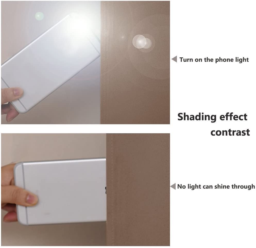 Contrast of phone light passing through vs. completely blocked by double layer living room blackout curtains.