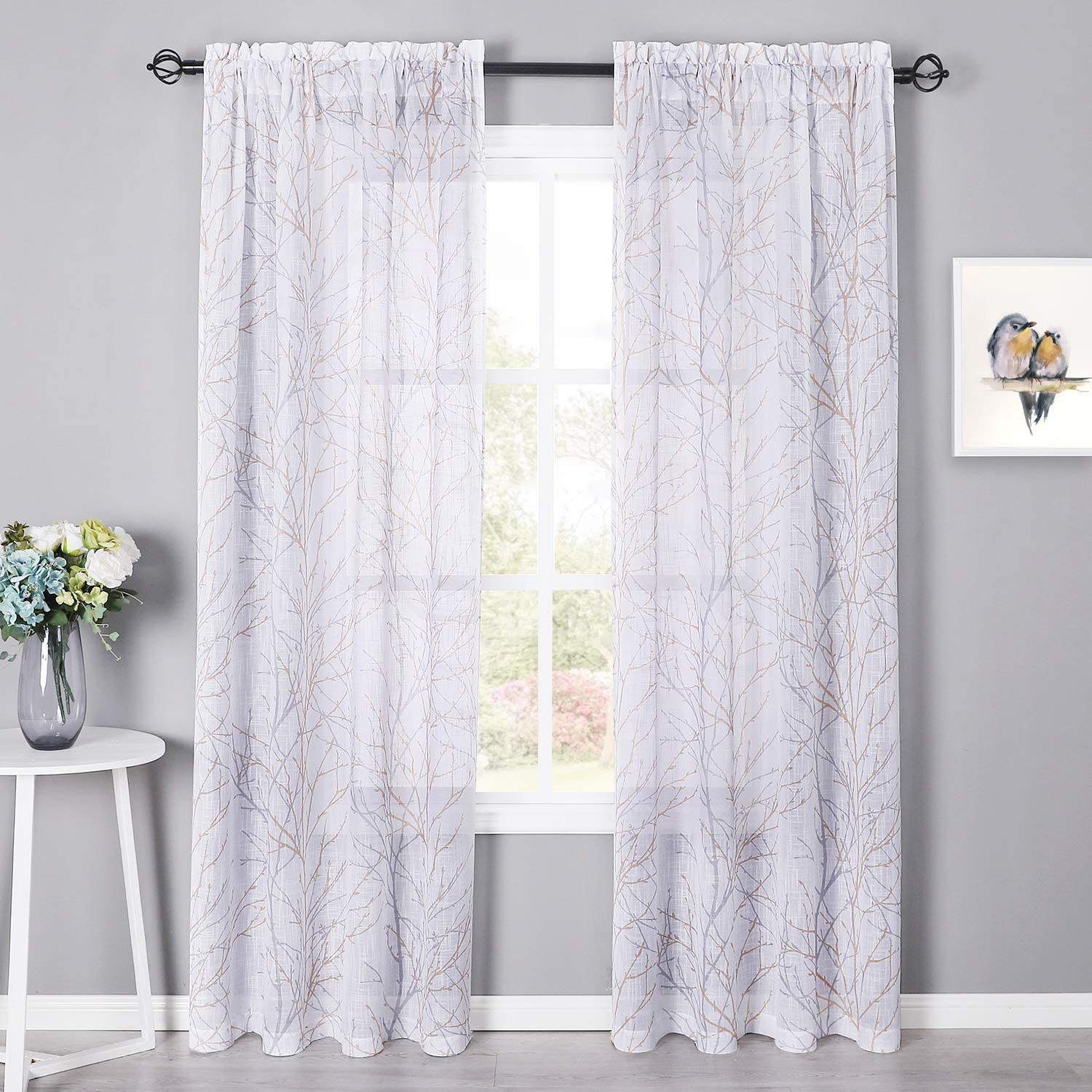 Dual Rod Pocket Sheer Privacy Print Faux Linen White Curtains For Bedroom 2 Panels KGORGE Store