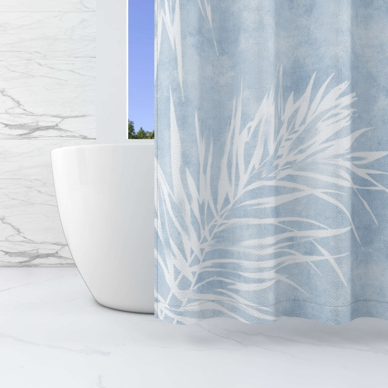 Faded White And Light Blue Leaf Print Shower Curtain 1 Panel KGORGE Store