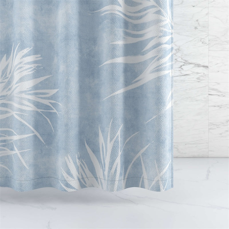 Faded White And Light Blue Leaf Print Shower Curtain 1 Panel KGORGE Store