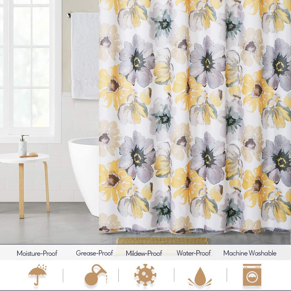 Grey And Yellow Floral Print Shower Curtain 1 Panel With 12 Hooks KGORGE Store