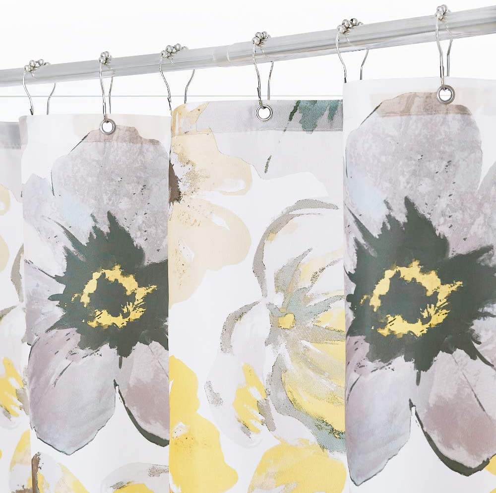 Grey And Yellow Floral Print Shower Curtain 1 Panel With 12 Hooks KGORGE Store