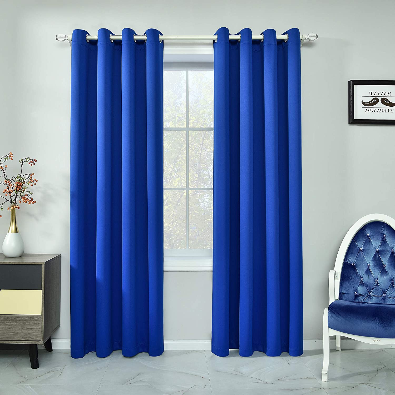 Two blue solid grommet blackout curtains offer thermal insulation, room darkening, and privacy for living room or bedroom.