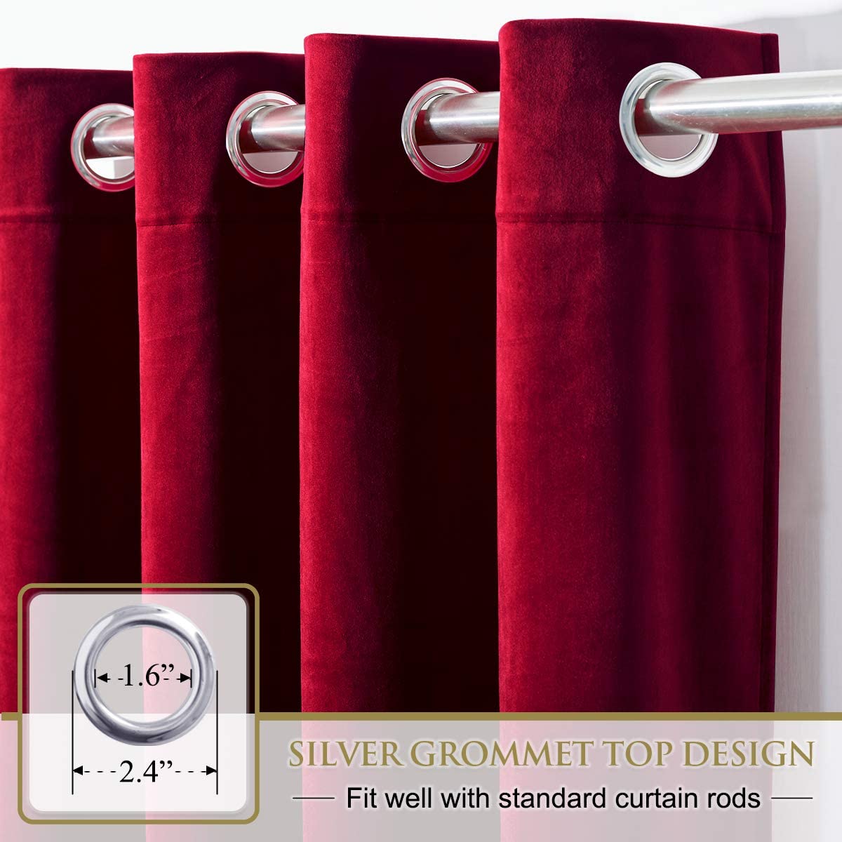 Rich burgundy velvet blackout curtains, close-up of silver grommet top design for easy hanging on standard bedroom rods.