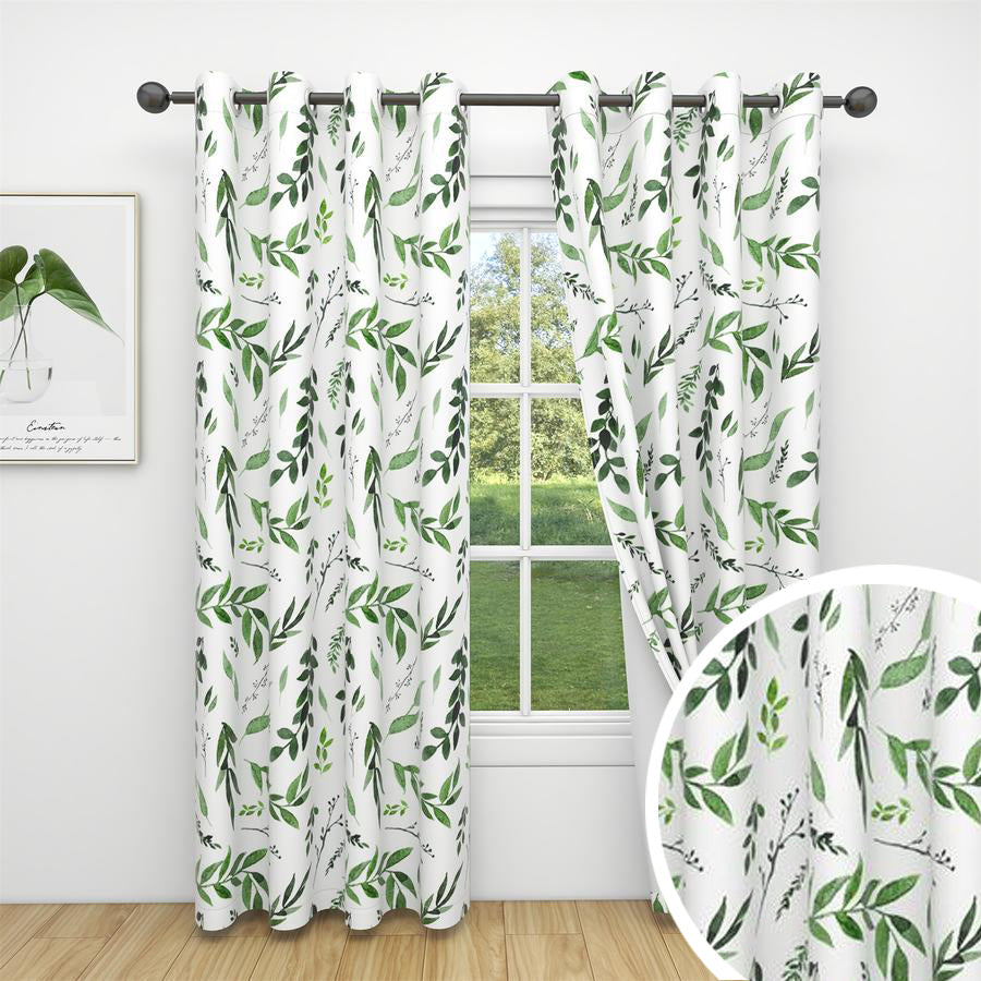 Grommet Blackout White Leaves Curtains For Living Room And Bedroom 2 Panels KGORGE Store