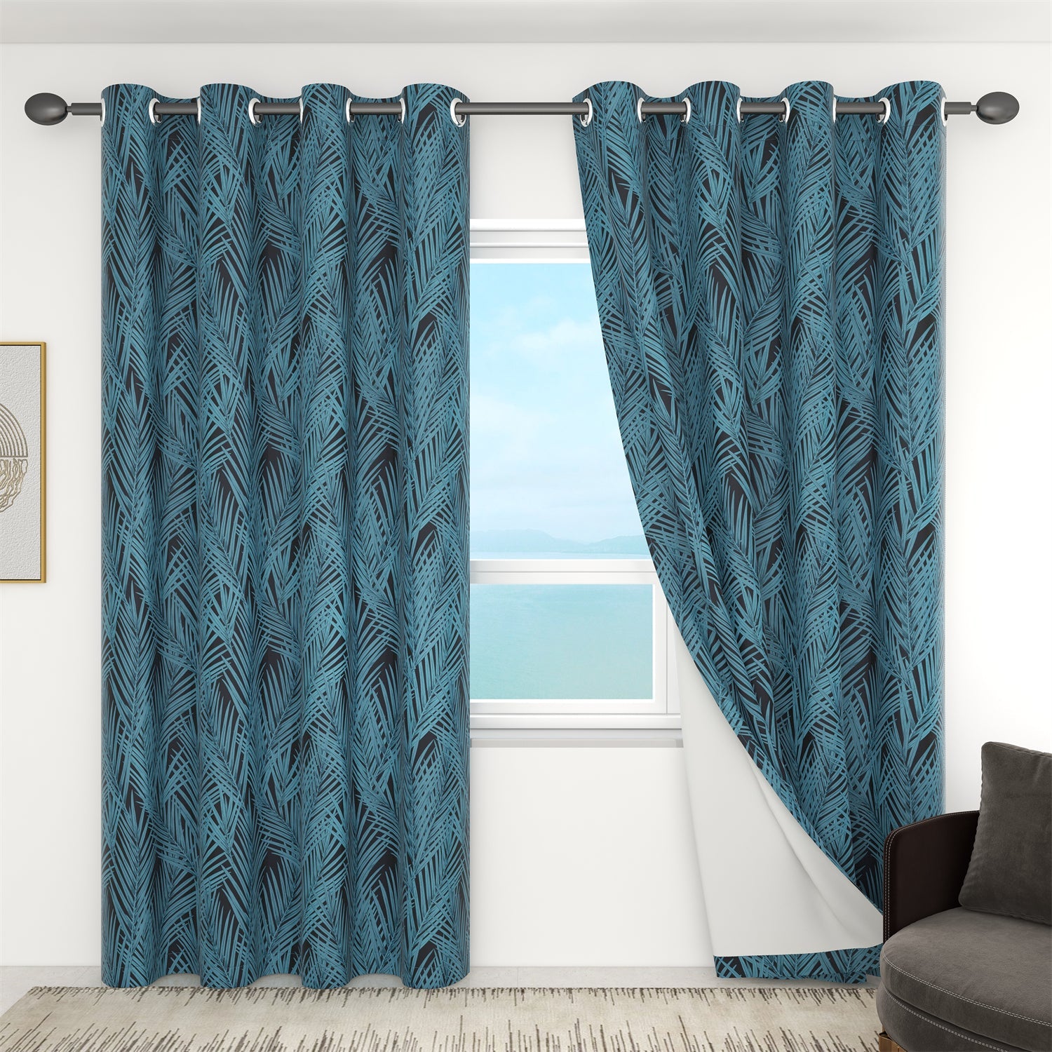Grommet Insulated Blackout Blue Leaves Curtains For Living Room And Bedroom 2 Panels KGORGE Store