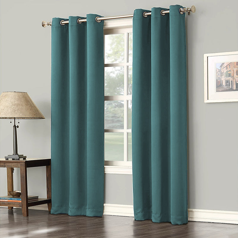 Teal green grommet blackout curtains (2 panels) for living room & bedroom. Noise reducing privacy window treatment.