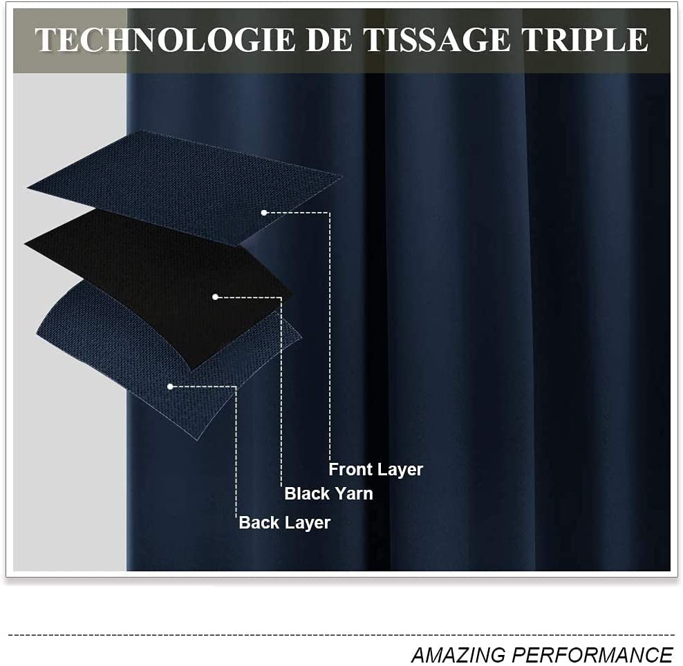Triple weave fabric construction of navy blackout curtain, featuring a black yarn layer for light and noise reduction.
