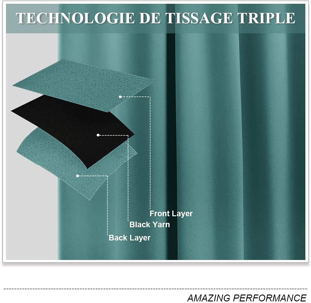 Triple weave blackout curtain fabric diagram showing teal front, black yarn core, and teal back layers for noise reduction.