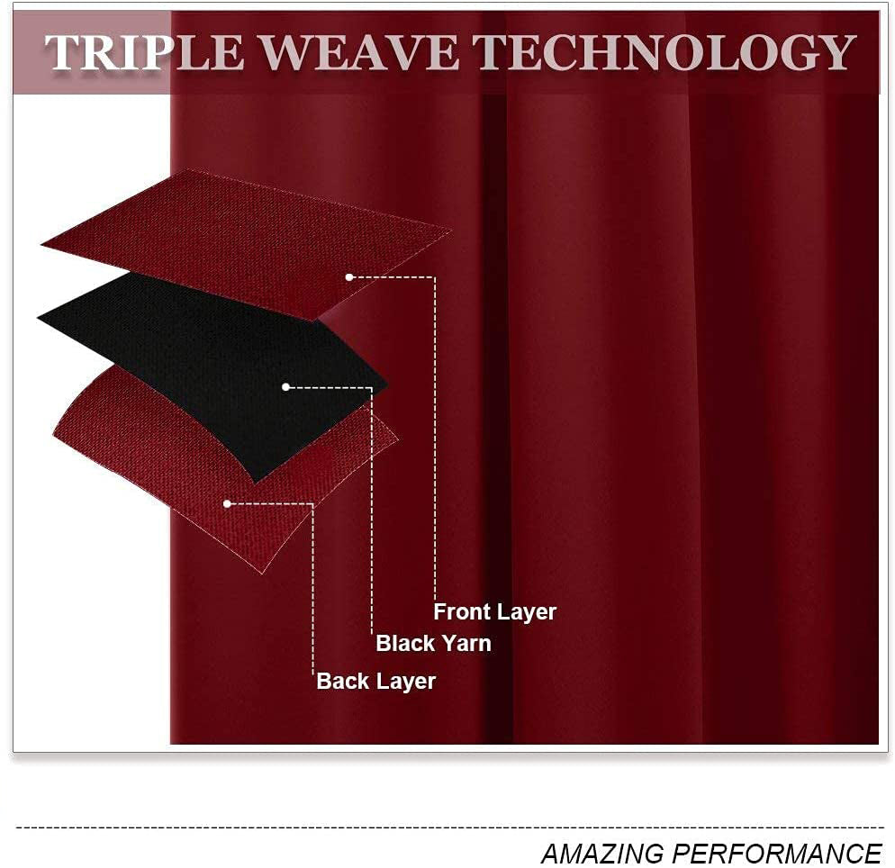 Red blackout curtain triple weave technology showing distinct layers: front, black yarn core, and back for noise reduction & privacy.