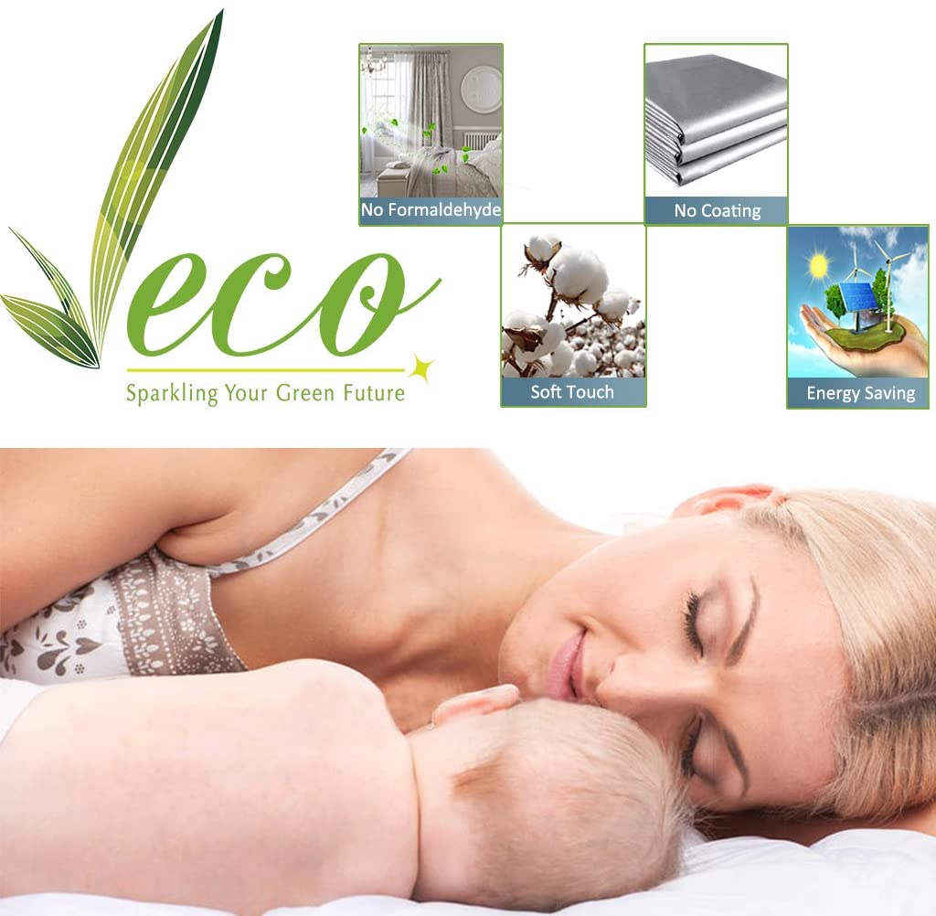 Mother and baby sleeping, showing the peaceful comfort of soft touch, eco-friendly blackout curtains. Highlights: formaldehyde-free, no coating, energy saving.